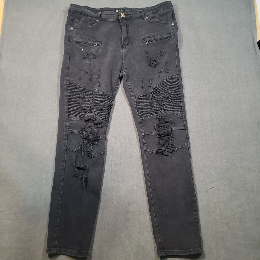 Waimea Skinny Distressed Moto Jeans Mens 40x32 Black Ripped Streetwear Biker